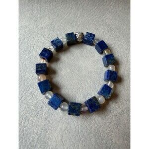 Natural Lapis cubic beads clear agate Bracelet silver accents15-16.5 handmade